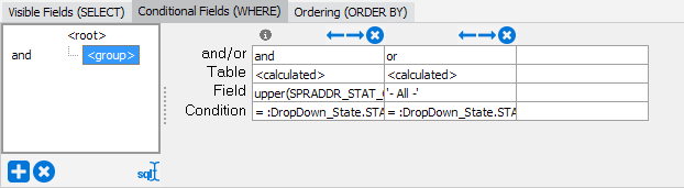 This image shows the options available when the Conditional Fields tab is selected.  Linking of conditions via and/or is illustrated.